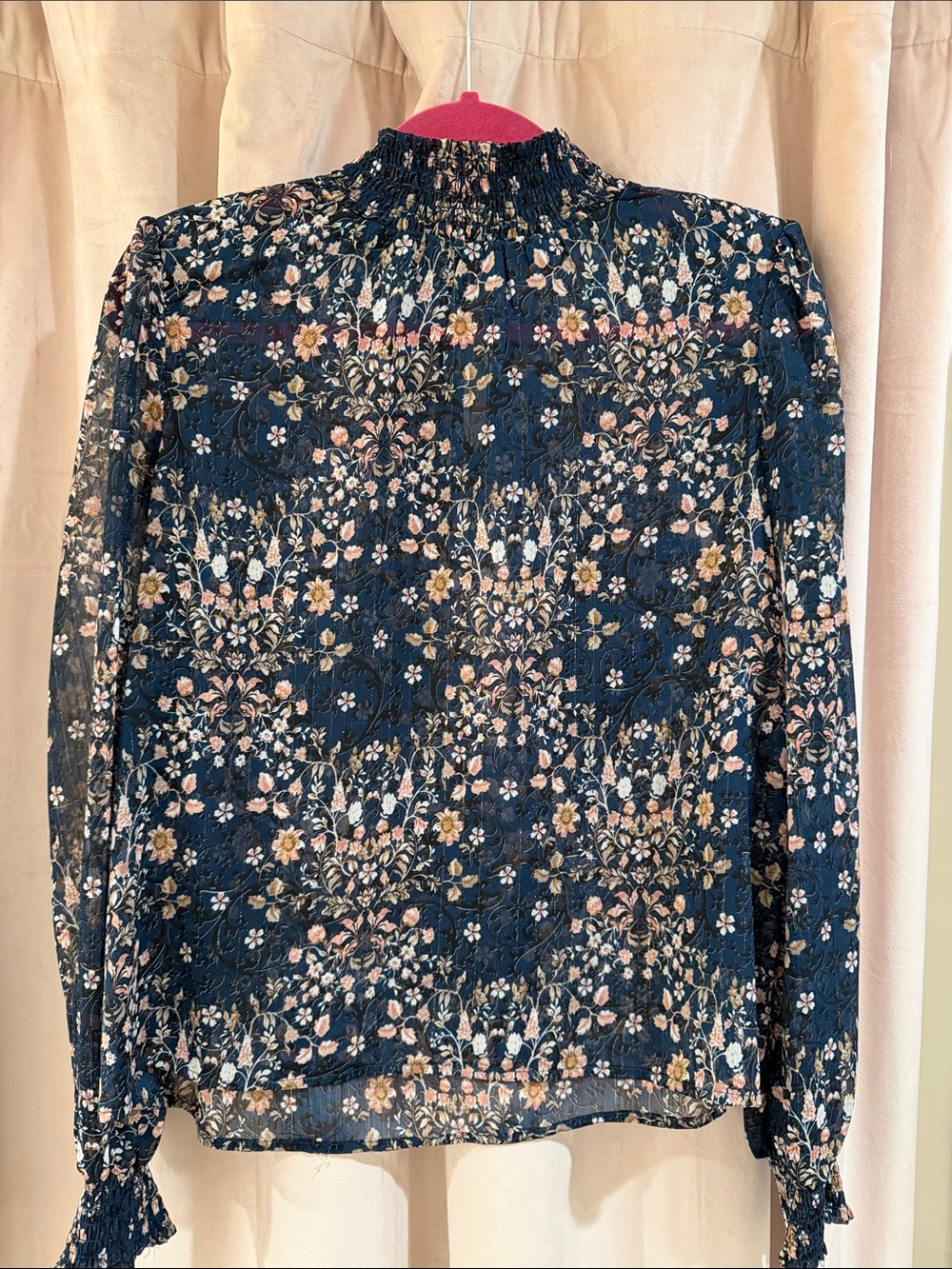 Aqua Navy Floral Smocked Neck Long Sleeve Blouse
